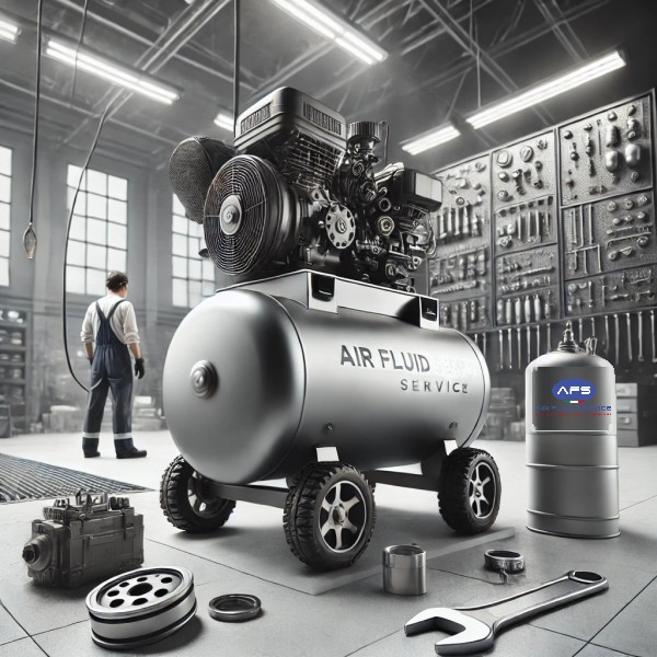 Manutenzione compressore industriale - Air Fluid Service Compressore industriale durante la manutenzione con attrezzi e tecnico in officina.